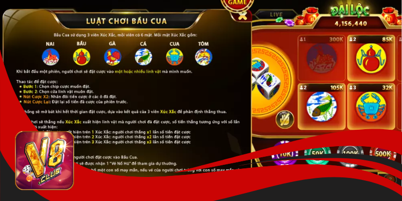 Luật chơi bầu cua V8club và các tính năng trong game